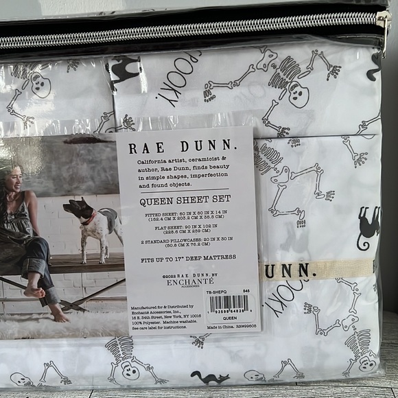 HTF Rae Dunn Halloween Spooky Dancing Skeletons Black Cat Queen Sheet Set - Picture 9 of 10